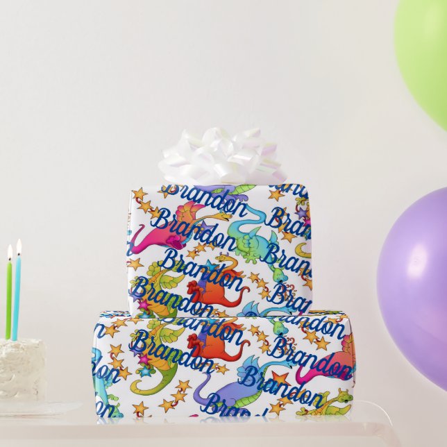 Kid's Colourful Dragons Personalised Gift Paper (Party Gifts)