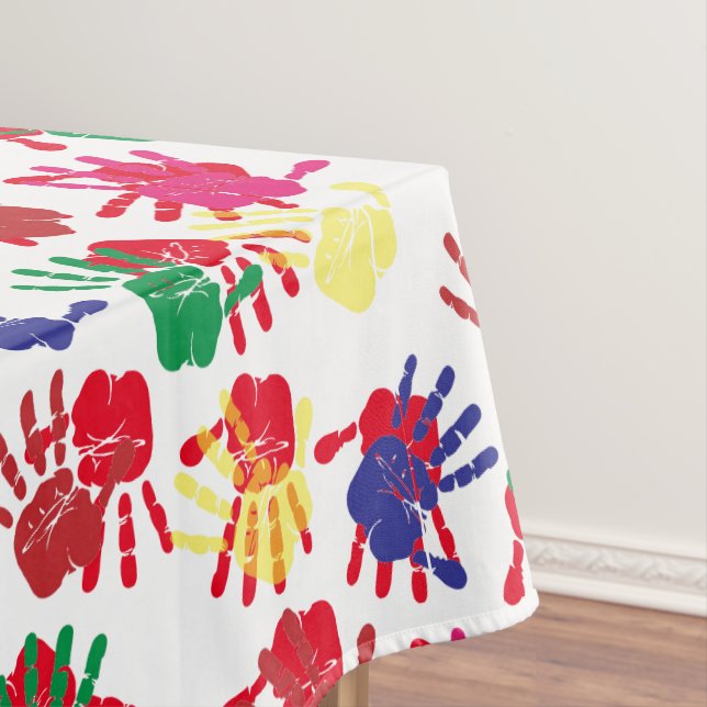 Kids Colourful Hand Prints Party Tablecloth (In Situ)
