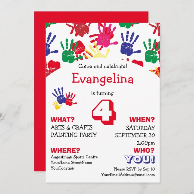 Kids Colourful Handprints Birthday Party Invitation (Front/Back)