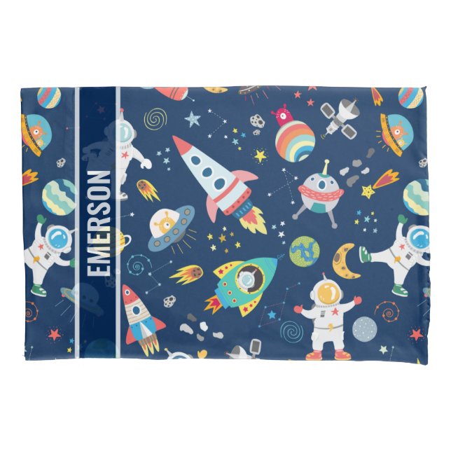 Kids Colourful Personalised Outer Space Astronauts Pillowcase (Front)