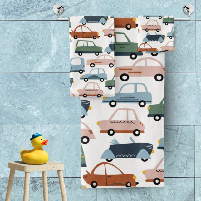 Kids Colourful Retro Car and Truck Pattern Bath Towel Set (Creator Uploaded)