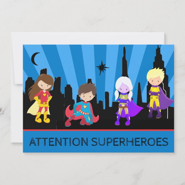 *~*  Kids Colourful SUPERHEROS Bold Birthday Party Invitation (Front)