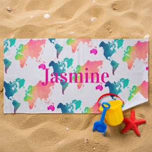 Kids Colourful World Map Personalised Name Monogra Beach Towel