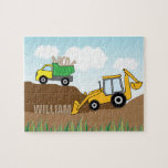 Kids Construction Backhoe and Dump Truck Jigsaw Puzzle<br><div class="desc">This fun puzzle offers a design perfect for a little boy. It features a yellow backhoe with a loader attempting to pick up the letters in the custom name. The dump truck is loaded with more letters of the alphabet. The design is accented with several hills of dirt, green grass...</div>