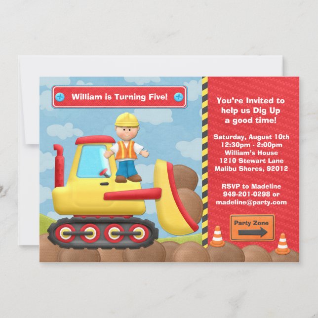 Kids Construction Truck Birthday Party Invitation (Front)