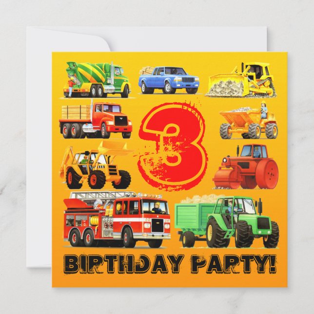 Kid's Construction Trucks 3rd Birthday Party Invitation (Front)