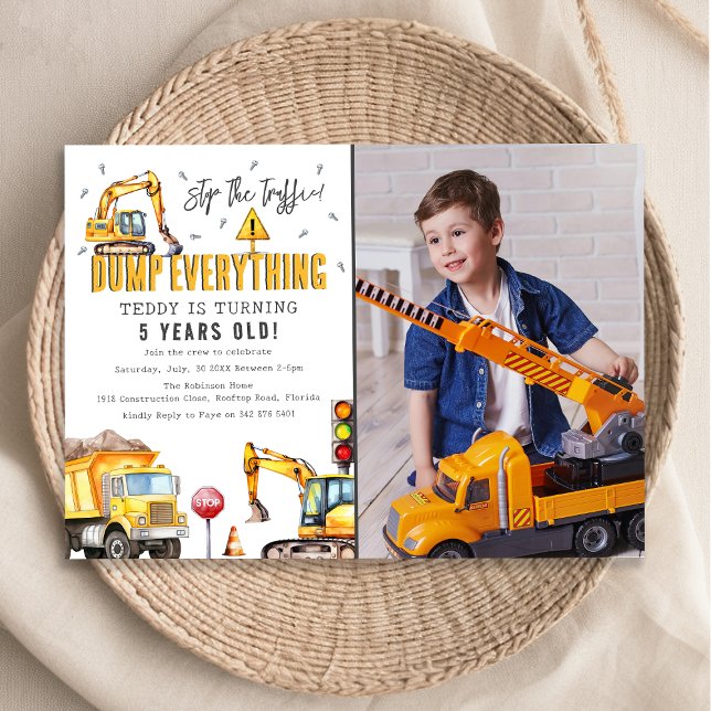 Kids Construction Watercolor Photo Birthday Party Invitation (Creator Uploaded)