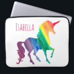 Kids Cool Colourful Watercolor Rainbow Unicorn Laptop Sleeve<br><div class="desc">Cool Rainbow Watercolor Unicorn Pretty Kids Laptop Neoprene Case. Personalise this fun and colourful unicorn gift in bright pink font. Silhouette of unicorn in a rainbow of watercolor brushstrokes of red, orange, yellow, green, blue and purple. White background lets the bright colours stand out beautifully. Fun gift for kids, tweens,...</div>