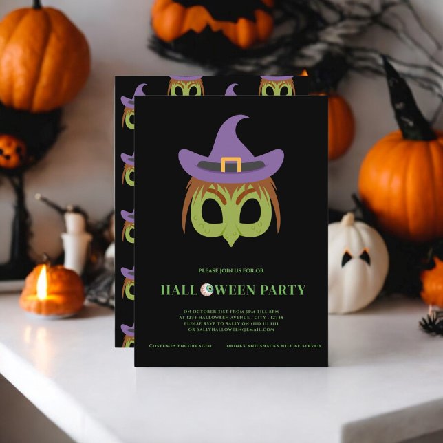 kids costume witch halloween party  invitation (kids costume spooky witch halloween party invitation )