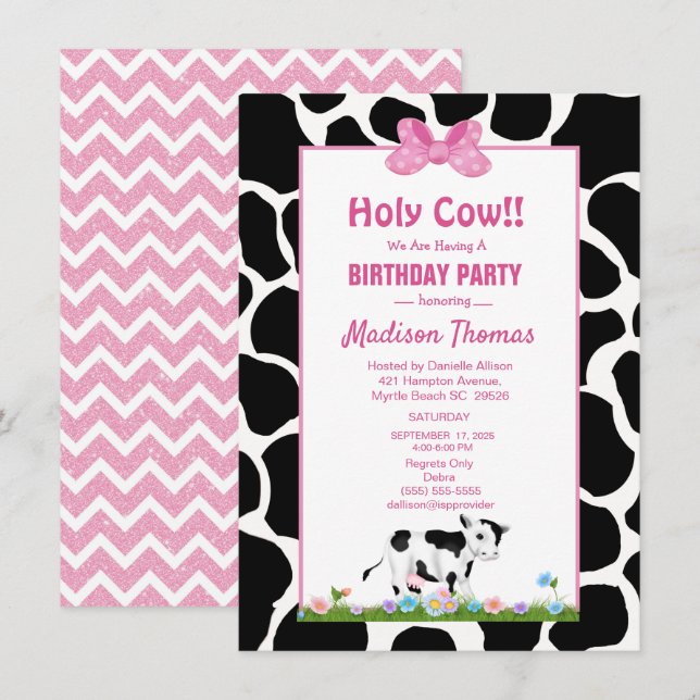 Kids Cow Print Girls Birthday Party Invitation (Front/Back)