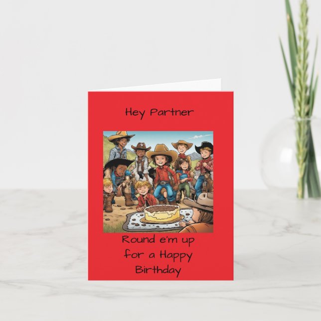 Kid's cowboy birthday-round e'm up partner card (Front)