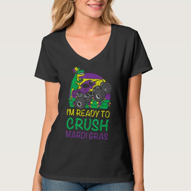 Kids Crush Mardi Gras Dino Monster Truck Funny Tod T-Shirt (Front)