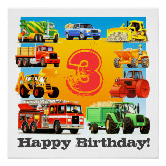 Kids Custom Age Happy Birthday Construction Truck Poster