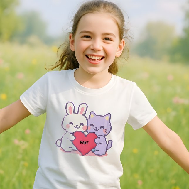 Kids’ Custom Kawaii Pixel Bunny & Cat Heart T-Shir T-Shirt (Creator Uploaded)