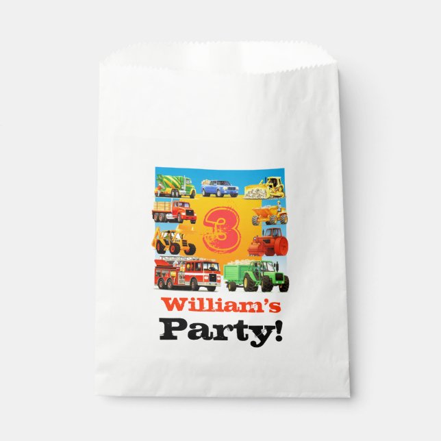 Kids Custom Name Construction Truck Birthday Party Favour Bags (Front)