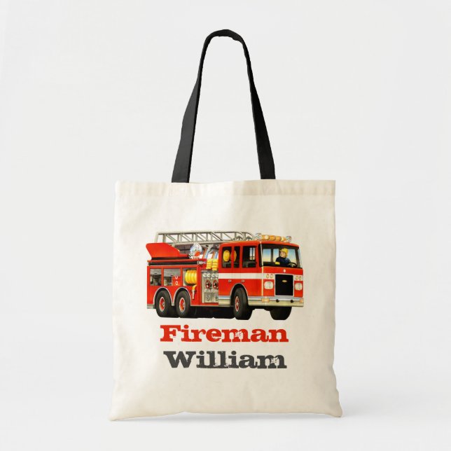 Kid's Custom Name Fireman Fire Truck Tote Bag (Front)