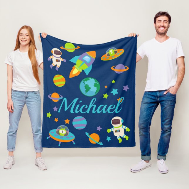 Kids Custom Name Outer Space Rocket Ship Fleece Blanket (In Situ)
