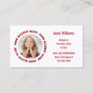 Kids Custom Photo Food Allergy Medical Alert Calling Card