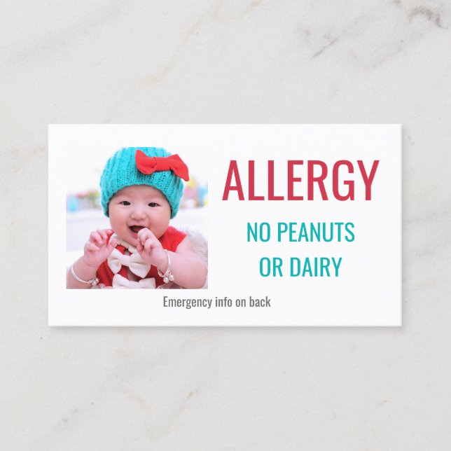 Kids Custom Photo Food Allergy Medical Alert Card (Front)