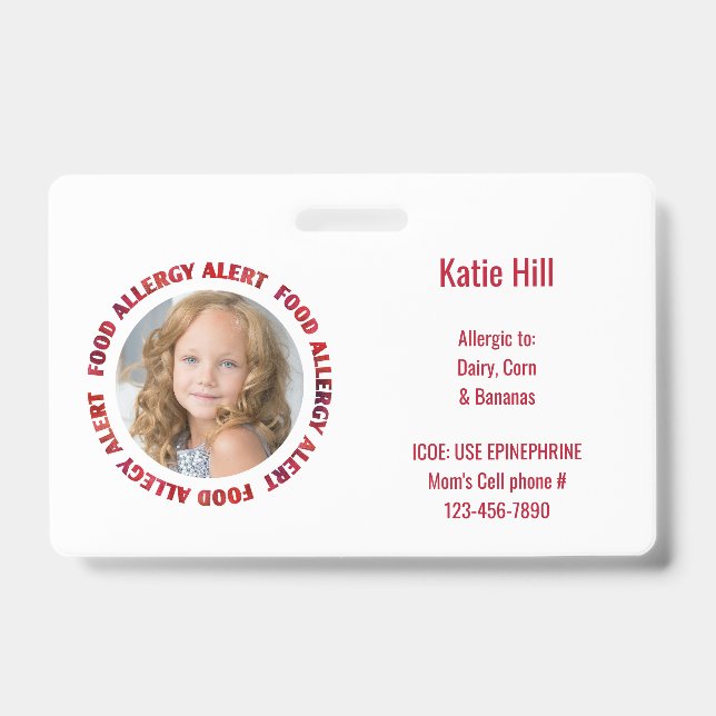 Kids Custom Photo Food Allergy Medical Alert ID Badge (Front)