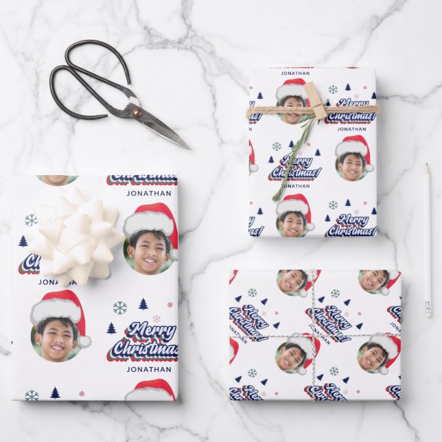 Kid's Custom Photo & Name Santa Hat Retro Xmas Fun Wrapping Paper Sheet (Front)