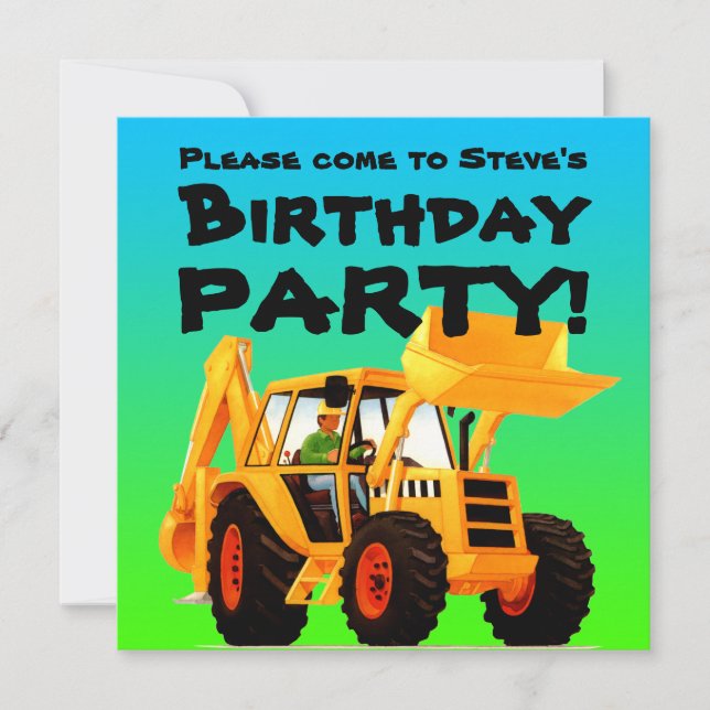 Kid's Custom Yellow Digger Construction Party Invitation (Front)