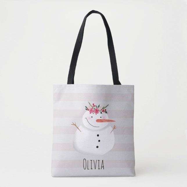 Kids Cute and Festive Christmas Flower Snowman Tote Bag (Front)
