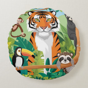 Kids Cute Animals Jungle Tiger Monkey Bird Round Cushion