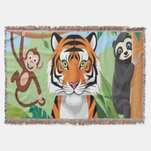 Kids Cute Animals Jungle Tiger Monkey Bird Throw Blanket
