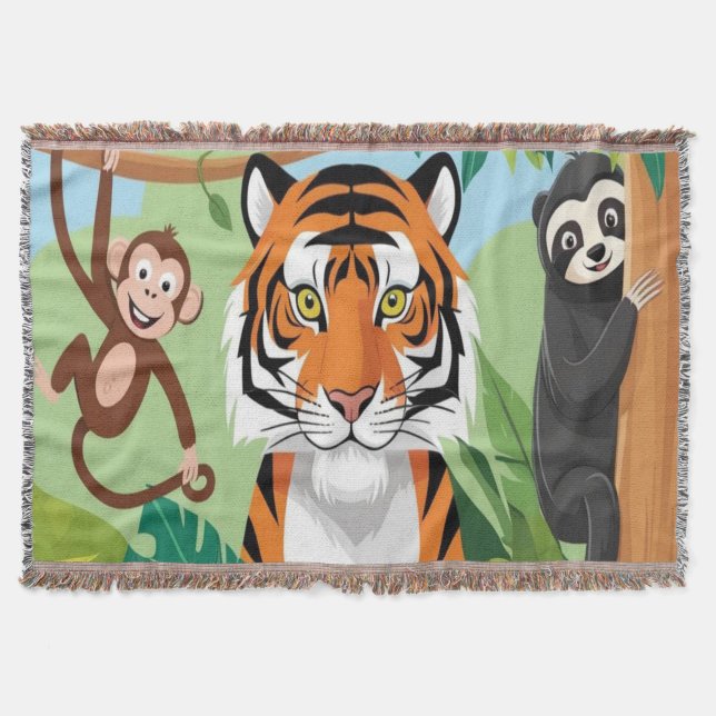Kids Cute Animals Jungle Tiger Monkey Bird Throw Blanket (Front)