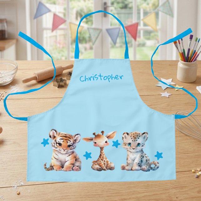 Kid's cute animals stars add name blue apron (Creator Uploaded)