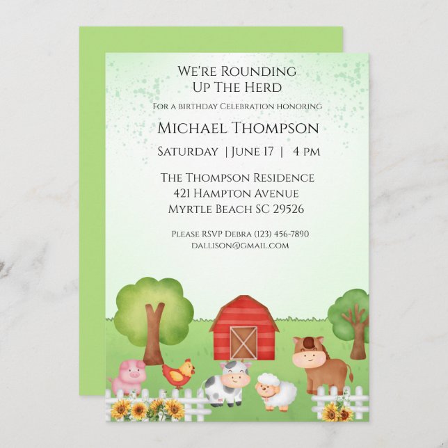 Kids Cute Barnyard Animals  Birthday Invitation (Front/Back)