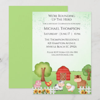 Kids Cute Barnyard Animals Birthday Invitation