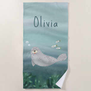 Kids Cute Blue Seal Under the Sea Ocean Beach Towel