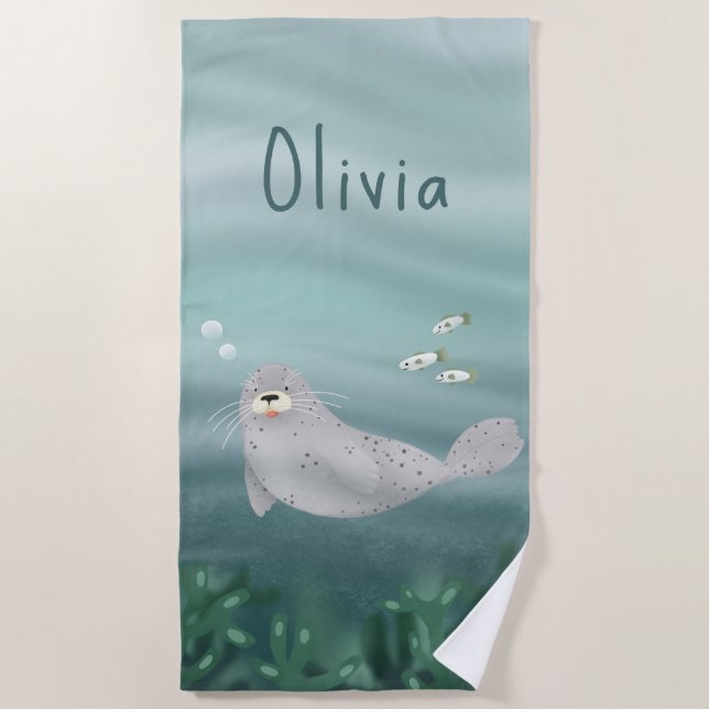 Kids Cute Blue Seal Under the Sea Ocean Beach Towel (Front)