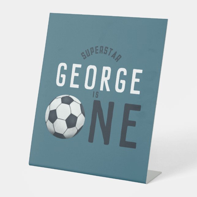 Kids Cute Blue Sports 1st Birthday Party Pedestal Sign (Front)