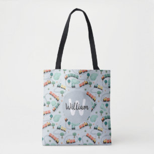 Kids Cute Blue Train Travel Monogram Pattern Boys Tote Bag