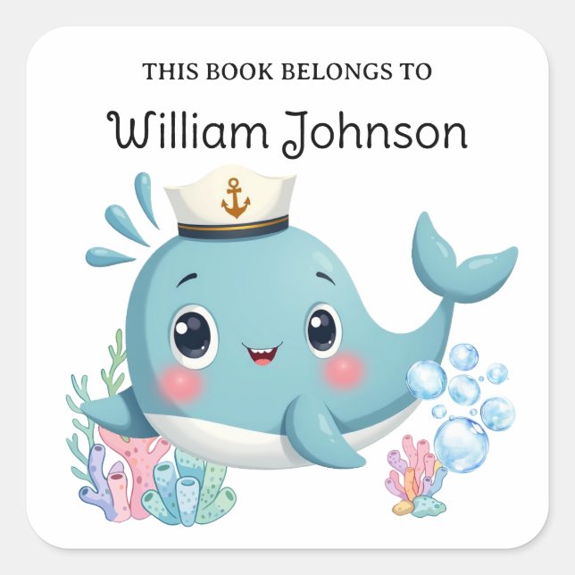 Kids Cute Blue Whale Library Bookplate Square Sticker (Front)