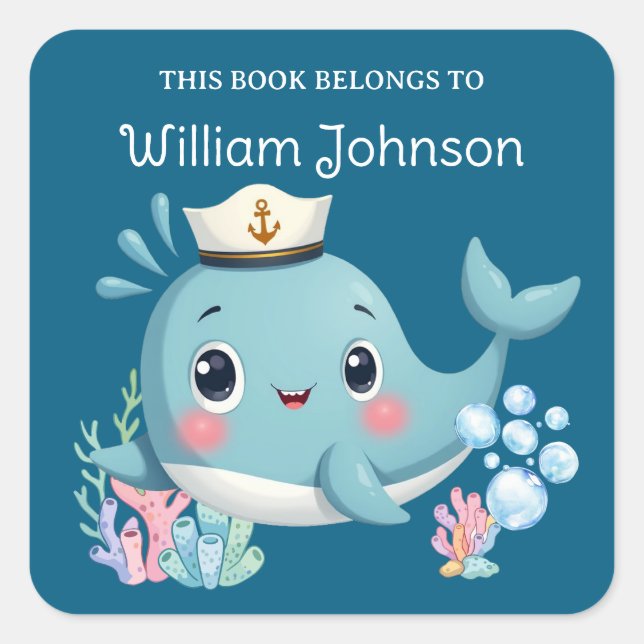 Kids Cute Blue Whale Library Bookplate Square Sticker (Front)