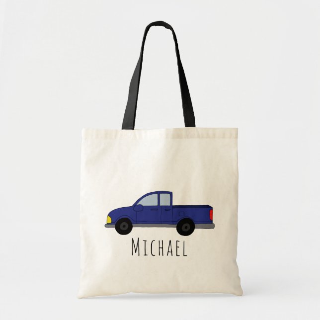 Kids Cute Boys Blue Pickup Truck Cartoon Name Tote Bag (Front)