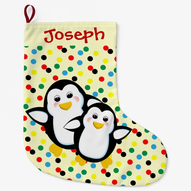 Kids Cute Cartoon Penguins Large Christmas Stocking (Front)