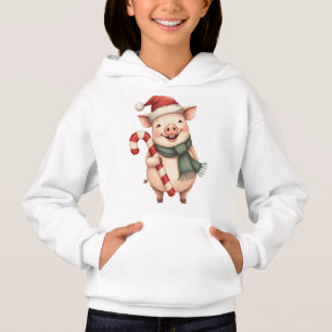 Kids Cute Christmas Pig with Candy Cane Hoodie