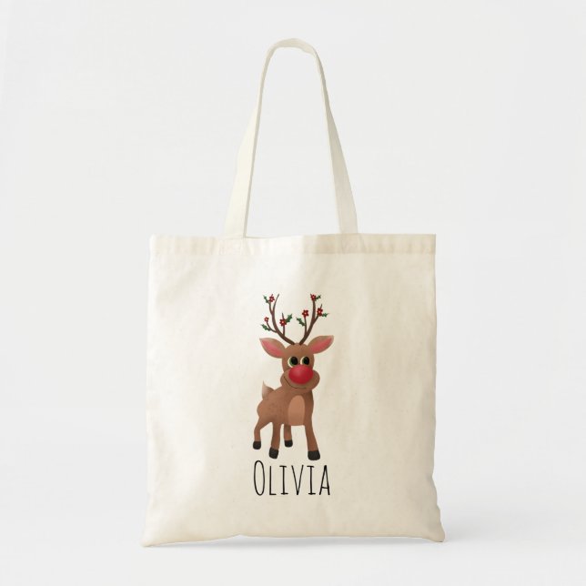 Kids Cute Christmas Rudolph the Red-Nosed Reindeer Tote Bag (Front)