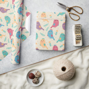 Kids Cute Colourful Birds w/ Tulips Wrapping Paper