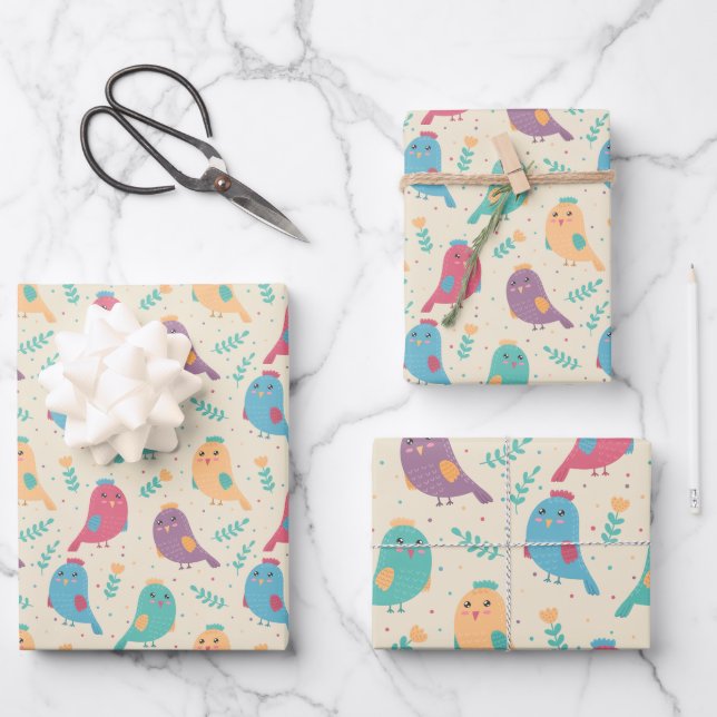 Kids Cute Colourful Birds w/ Tulips Wrapping Paper Sheet (Front)