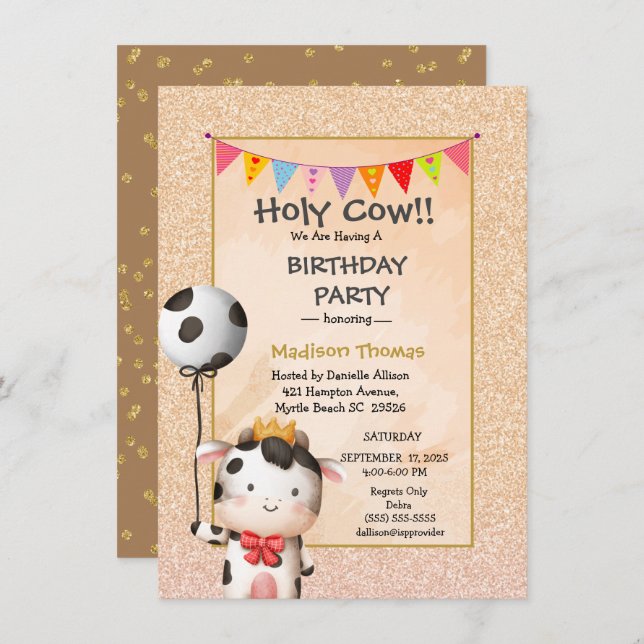 Kids Cute Cow Girls Glitter Birthday Party   Invitation (Front/Back)