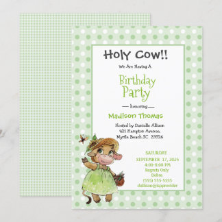 Kids Cute Cow Girls Green White Birthday Party Invitation