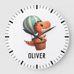 Kids Cute Dino Flying in a Hot Air Balloon Large Clock
