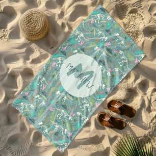 Kids Cute Dinosaur Fossil Pattern & Monogram Boys Beach Towel