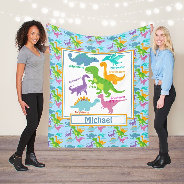 Kids Cute Dinosaurs And Names Blue Fleece Blanket (Creator Uploaded)